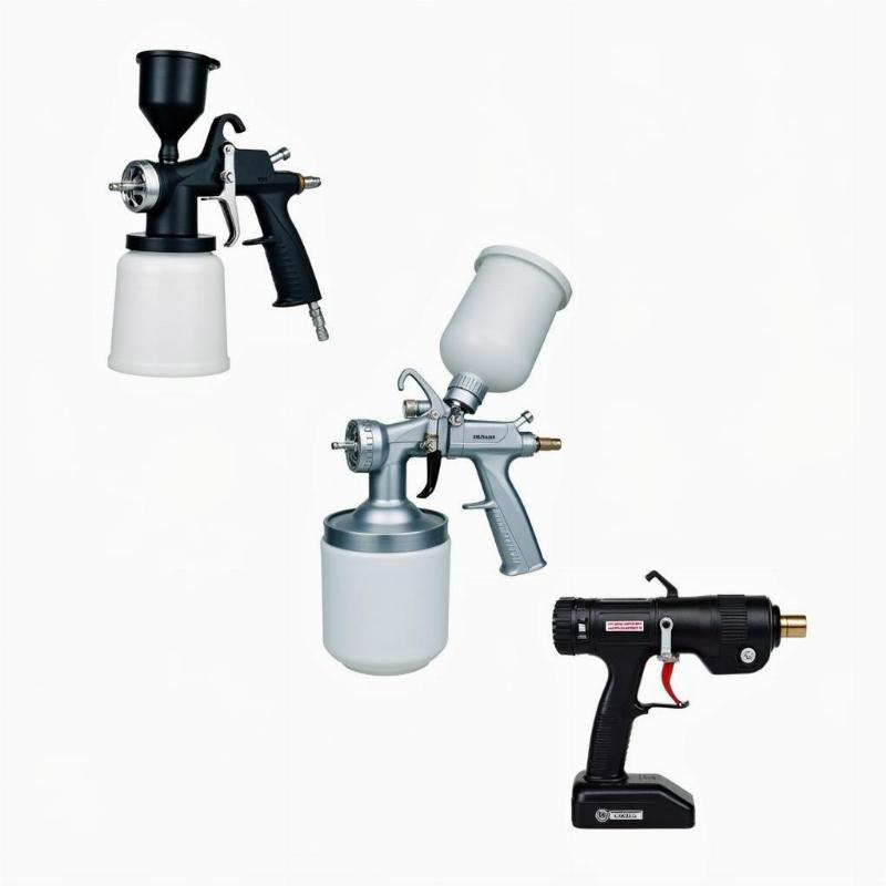 Ảnh tổng hợp các loại súng phun sơn khác nhau, bao gồm HVLP, Airless, và súng phun sơn cầm tay mini